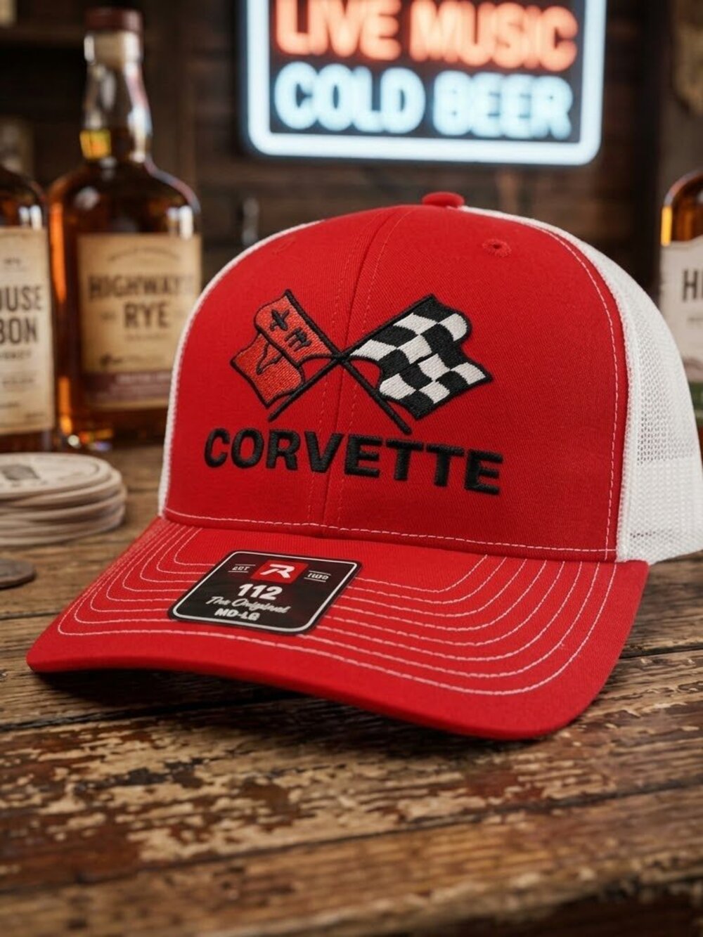 Vintage C3 Corvette Crossed Flags Red White Richardson 112 Snapback Hat Retro 60